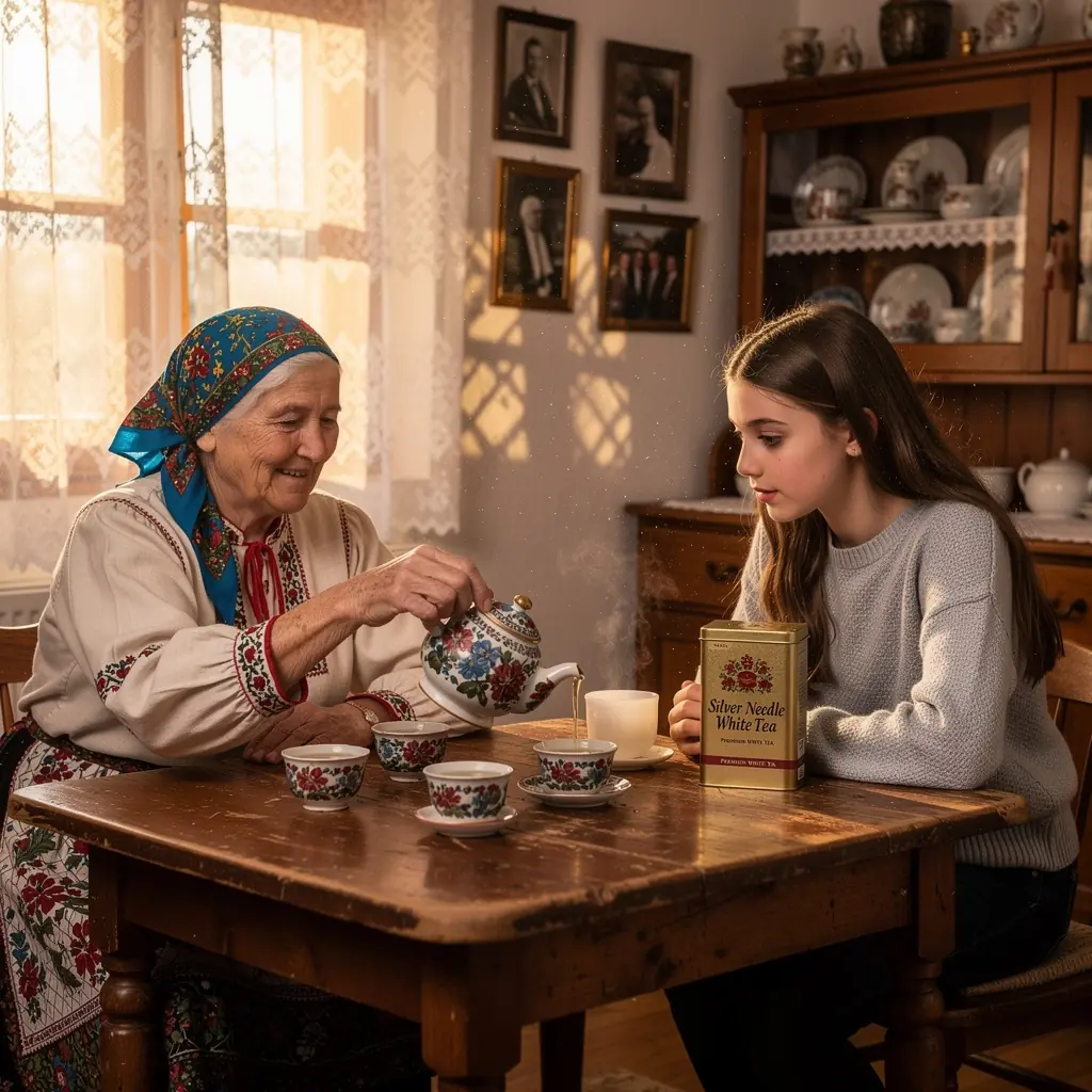 Elegantná čajová kanvica s bielym čajom Silver Needle a jemným podšálkom.